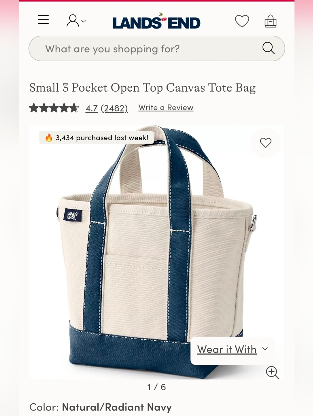 NWOT Lands' End Small 3 Pocket Natural/Navy Open Top Canvas Tote Bag - Picture 12 of 12